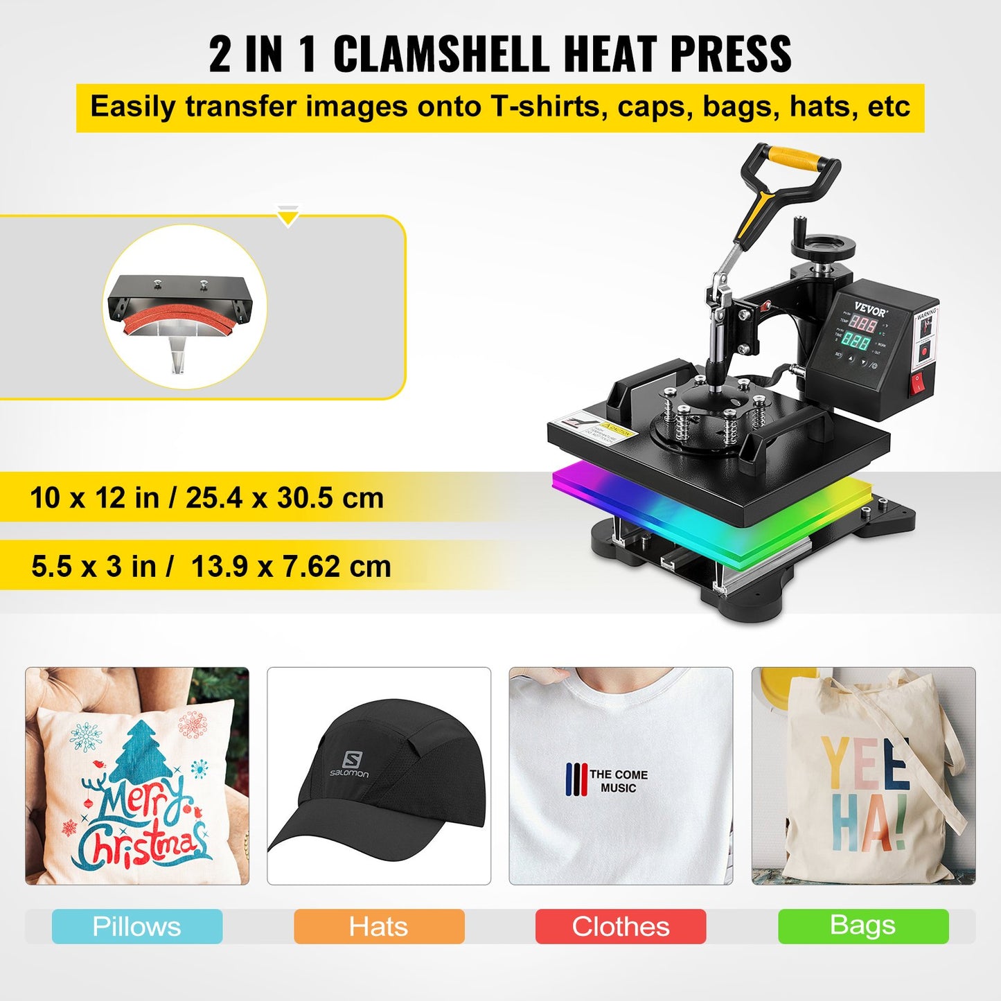 Wärmepresse, 10 x 12 Zoll/25 x 30 cm, 2-in-1-Clamshell-Sublimationstransferdrucker mit Teflonbeschichtung, digitale, präzise Wärmeregelung, Powerpress für T-Shirts, Hüte und Kappen