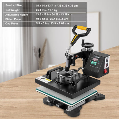 Wärmepresse, 10 x 12 Zoll/25 x 30 cm, 2-in-1-Clamshell-Sublimationstransferdrucker mit Teflonbeschichtung, digitale, präzise Wärmeregelung, Powerpress für T-Shirts, Hüte und Kappen