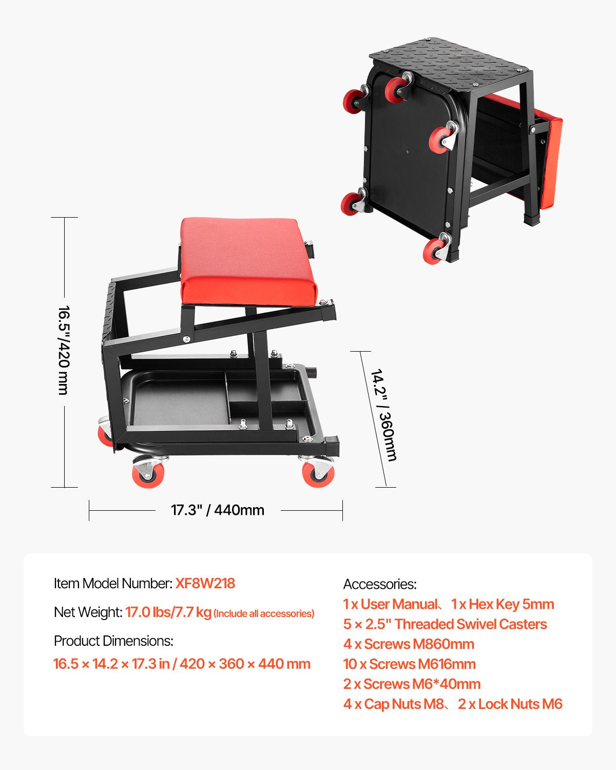 Mechanic Stool, 300 lbs Capacity Garage Seat/Work Stool with Wheels, 360° Swivel Rolling Workshop Stool with Tool Tray, Mechanics Creeper Seat/Step Stool, for Garage, Shop & Auto Repair, Black