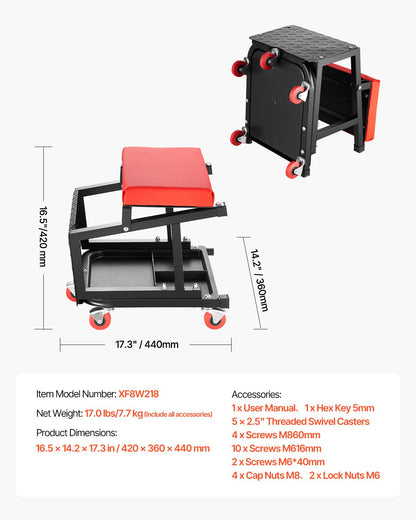 Mechanic Stool, 300 lbs Capacity Garage Seat/Work Stool with Wheels, 360° Swivel Rolling Workshop Stool with Tool Tray, Mechanics Creeper Seat/Step Stool, for Garage, Shop & Auto Repair, Black