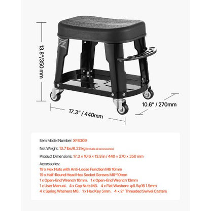 Mekanisk Pall Rolling Workshop Seat 300 lbs Last med hjul och verktygsbricka |  EU