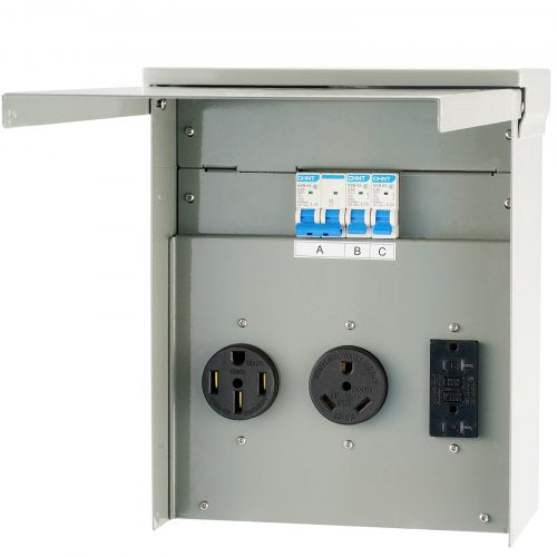 Temporary Power Outlet Panel, 125/250V, RV Power Outlet Box with a 20/30/50 Amp Receptacle Installed, NEMA 14-50R / NEMA TT-30R / 15A GFCI for RV Camper Trailer Motorhome