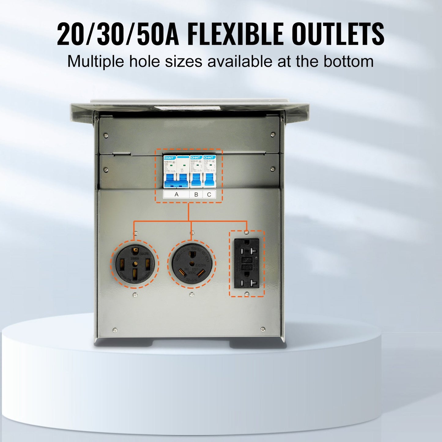 Temporary Power Outlet Panel, 125/250V, RV Power Outlet Box with a 20/30/50 Amp Receptacle Installed, NEMA 14-50R / NEMA TT-30R / 15A GFCI for RV Camper Trailer Motorhome