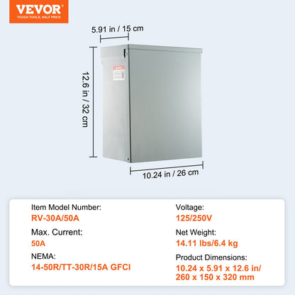 Temporary Power Outlet Panel, 125/250V, RV Power Outlet Box with a 20/30/50 Amp Receptacle Installed, NEMA 14-50R / NEMA TT-30R / 15A GFCI for RV Camper Trailer Motorhome