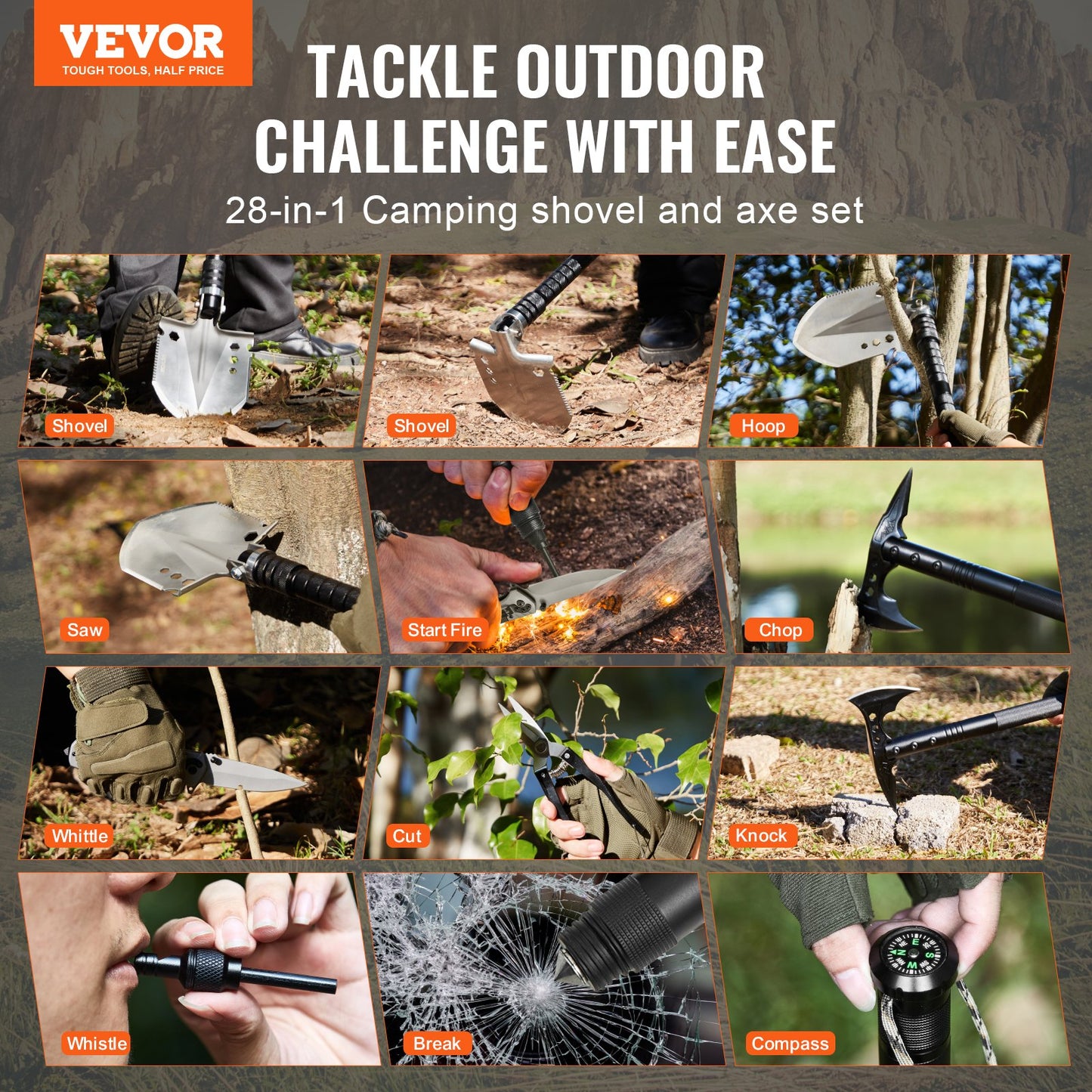 Survival Shovel Survival Axe, 28-in-1 Camping Folding Shovels with Hatchet, Stainless Steel Tactical Shovel Hatchet Combo, Multifunctional Emergency Survival Gear Equipment for Camping Hiking