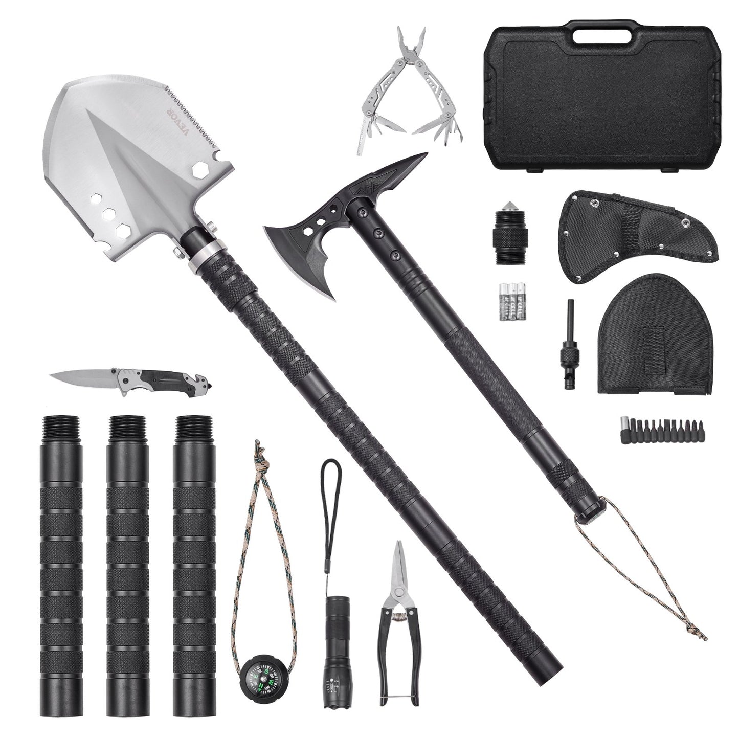 Survival Shovel Survival Axe, 28-in-1 Camping Folding Shovels with Hatchet, Stainless Steel Tactical Shovel Hatchet Combo, Multifunctional Emergency Survival Gear Equipment for Camping Hiking
