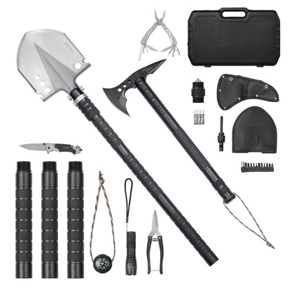 Survival Shovel Survival Axe, 28-in-1 Camping Folding Shovels with Hatchet, Stainless Steel Tactical Shovel Hatchet Combo, Multifunctional Emergency Survival Gear Equipment for Camping Hiking