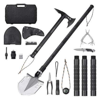 Survival Shovel Survival Axe, 28-in-1 Camping Folding Shovels with Hatchet, Stainless Steel Tactical Shovel Hatchet Combo, Multifunctional Emergency Survival Gear Equipment for Camping Hiking