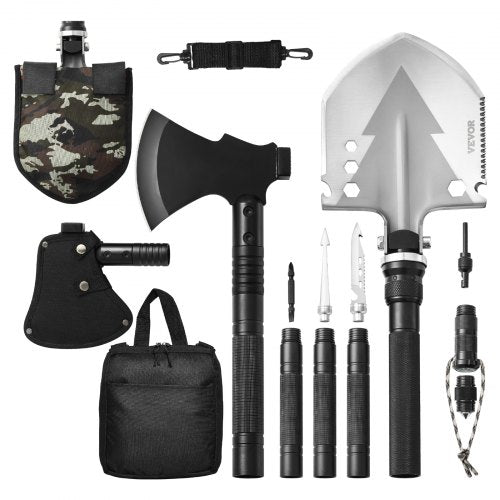 Survival Shovel Survival Axe, 16-in-1 Camping Folding Shovels with Hatchet, Stainless Steel Tactical Shovel Hatchet Combo, Multifunctional Emergency Survival Gear Equipment for Camping Hiking