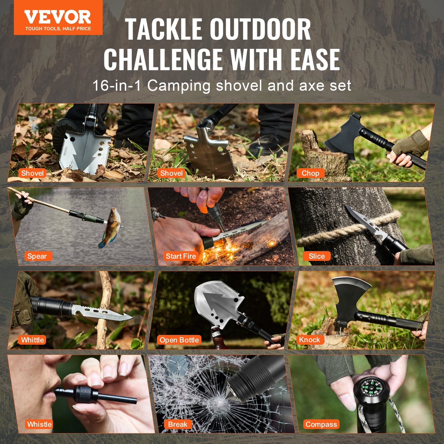 Survival Shovel Survival Axe 16-i-1 camping fällbara spadar med yxa