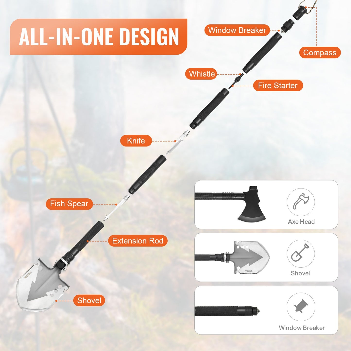 Survival Shovel Survival Axe 16-i-1 camping fällbara spadar med yxa