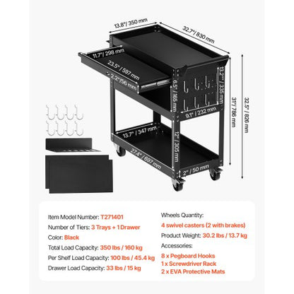 4-Tier Tool Cart on Wheels 350 lb Rolling Work Cart with Drawer and Pin Board | EU
