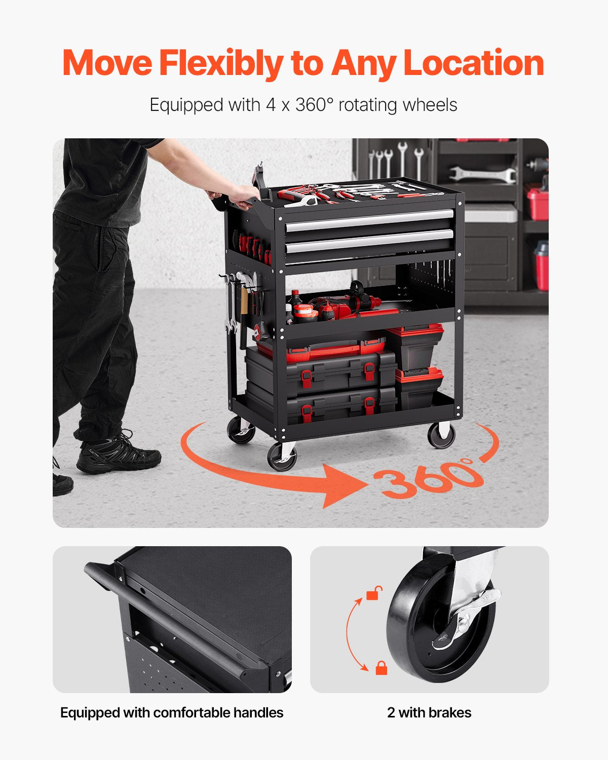 5-Tier Tool Cart with Wheels, 400 lbs Load Capacity, Rolling Work Cart with 2 Drawers & Pegboard, Mechanic Tool Storage Organizer with Locking System for Garage, Warehouse and Repair Shop, Black