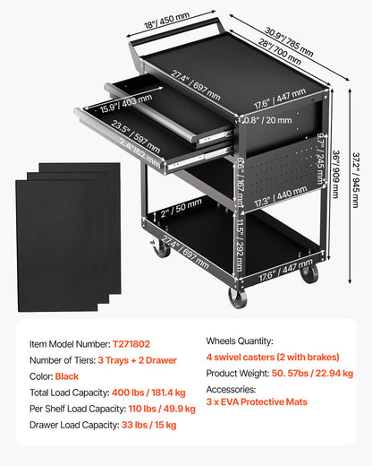 5-Tier Tool Cart with Wheels, 400 lbs Load Capacity, Rolling Work Cart with 2 Drawers & Pegboard, Mechanic Tool Storage Organizer with Locking System for Garage, Warehouse and Repair Shop, Black