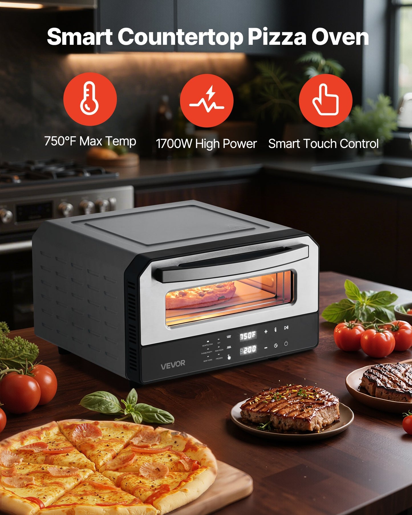 Electric Pizza Oven, Smart Pizzas Maker Indoor with 5 Preset, 12-Inch Countertop Pizza Cooker w/ Touch Srceen, 750℉ Max Temp, 2-Min Rpaid Baking Oven Thin & Crispy, Neapolitan, Frozen, New York
