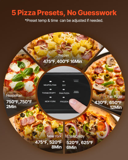 Electric Pizza Oven, Smart Pizzas Maker Indoor with 5 Preset, 12-Inch Countertop Pizza Cooker w/ Touch Srceen, 750℉ Max Temp, 2-Min Rpaid Baking Oven Thin & Crispy, Neapolitan, Frozen, New York