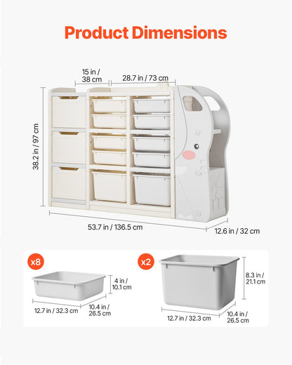 Kids Toy Storage, 4-Tier Elephant-Shape Toy Storage Organizer with 10 Plastic Movable Bins, Kids Cubby Cabinet Made from HDPE for Study Room, Bedroom, Playroom, Classroom, Nursery, Gray + Beige