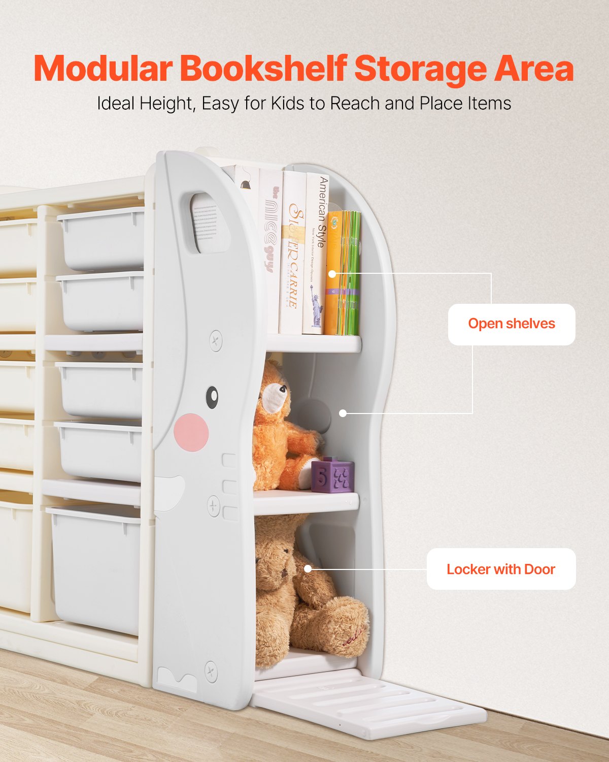 Kids Toy Storage, 4-Tier Elephant-Shape Toy Storage Organizer with 10 Plastic Movable Bins, Kids Cubby Cabinet Made from HDPE for Study Room, Bedroom, Playroom, Classroom, Nursery, Gray + Beige