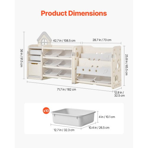 4-tier toy storage for children with bookshelf and 10 removable plastic drawers