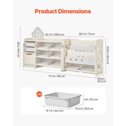 4-tier toy storage for children with bookshelf and 10 removable plastic drawers