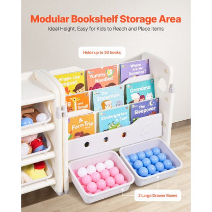 4-tier toy storage for children with bookshelf and 10 removable plastic drawers