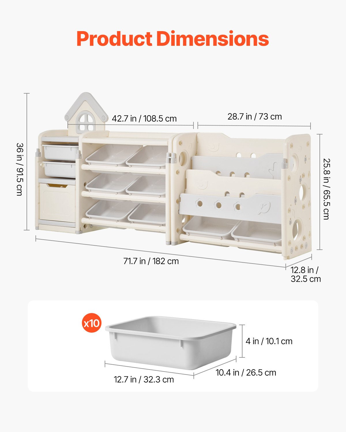 Kids Toy Storage with Bookshelf, 4-Tier Toy Storage Organizer with 10 Movable Plastic Bins, Kids Cubby Cabinet with Bookshelf for Study Room, Bedroom, Playroom, Classroom, Nursery, Gray + Beige