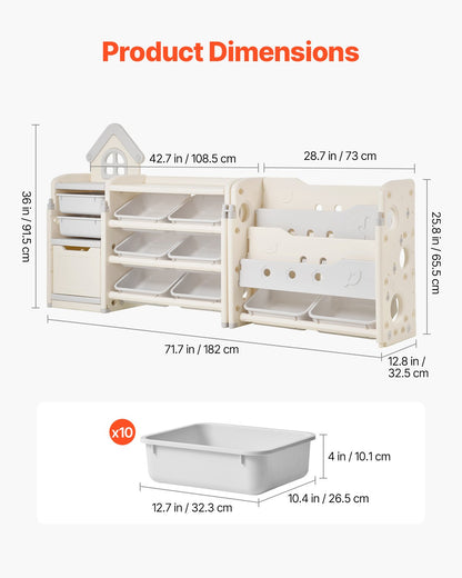 Kids Toy Storage with Bookshelf, 4-Tier Toy Storage Organizer with 10 Movable Plastic Bins, Kids Cubby Cabinet with Bookshelf for Study Room, Bedroom, Playroom, Classroom, Nursery, Gray + Beige