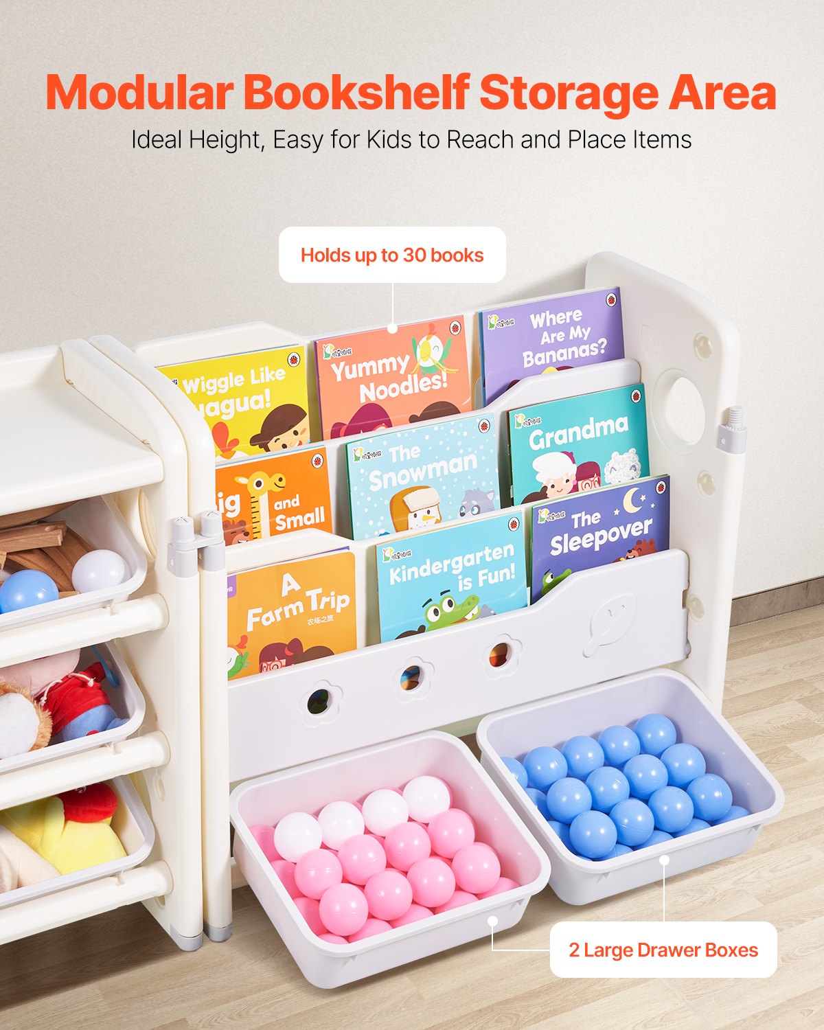 Kids Toy Storage with Bookshelf, 4-Tier Toy Storage Organizer with 10 Movable Plastic Bins, Kids Cubby Cabinet with Bookshelf for Study Room, Bedroom, Playroom, Classroom, Nursery, Gray + Beige