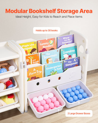 Kids Toy Storage with Bookshelf, 4-Tier Toy Storage Organizer with 10 Movable Plastic Bins, Kids Cubby Cabinet with Bookshelf for Study Room, Bedroom, Playroom, Classroom, Nursery, Gray + Beige