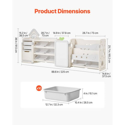 Kinderspielzeug-Aufbewahrungs- und Bücherregal mit 10 herausnehmbaren Kunststoffschubladen und Zeichenbrett