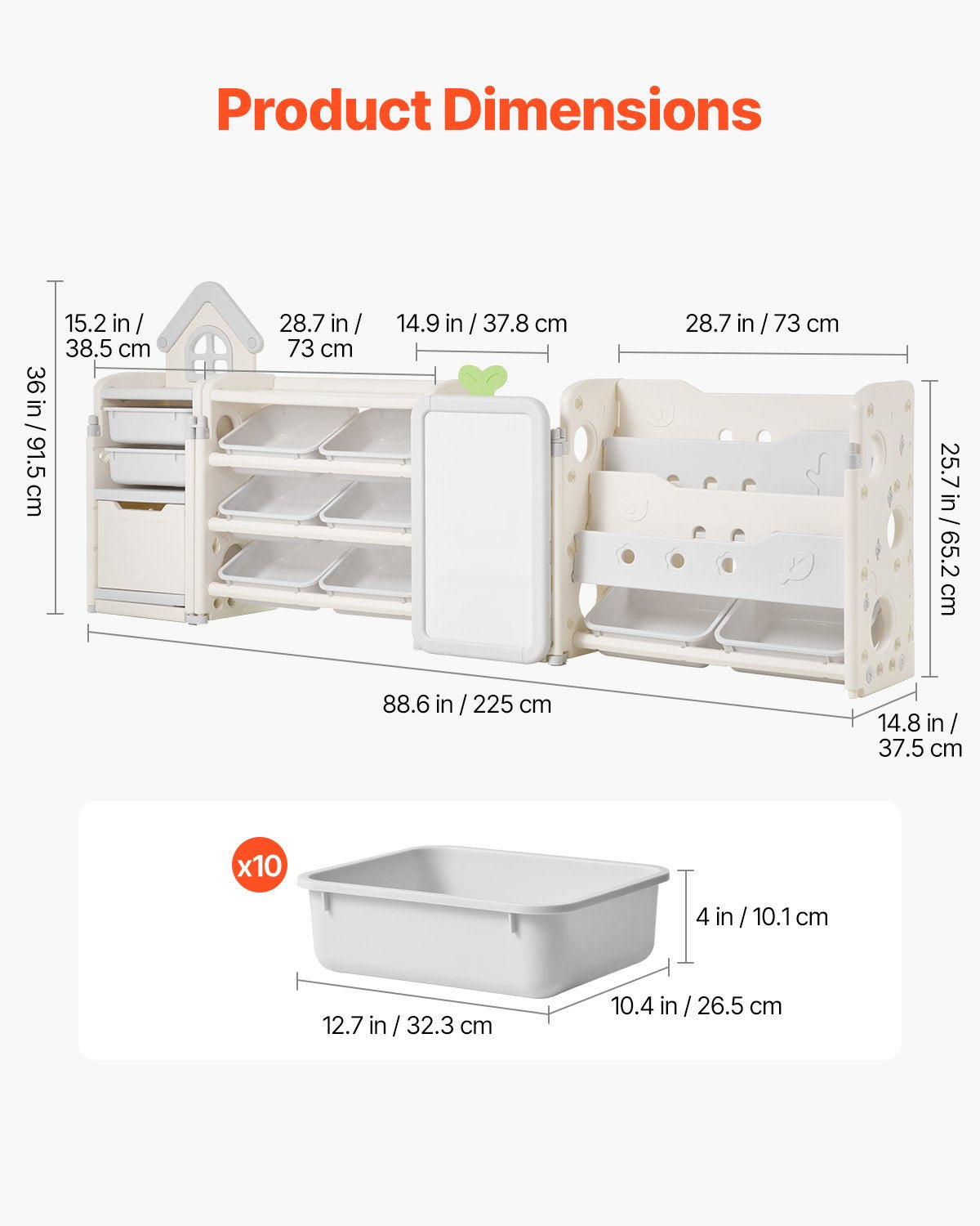 Kids Toy Storage with Bookshelf, 4-Tier Large Toy Storage Organizer with 10 Plastic Movable Bins, Kids Cubby Cabinet with Bookshelf and Drawing Board for Study Room, Playroom, Classroom, Nursery