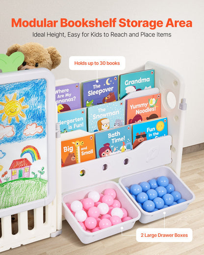 Kids Toy Storage with Bookshelf, 4-Tier Large Toy Storage Organizer with 10 Plastic Movable Bins, Kids Cubby Cabinet with Bookshelf and Drawing Board for Study Room, Playroom, Classroom, Nursery