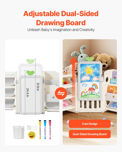 Kids Toy Storage with Bookshelf, 4-Tier Large Toy Storage Organizer with 10 Plastic Movable Bins, Kids Cubby Cabinet with Bookshelf and Drawing Board for Study Room, Playroom, Classroom, Nursery