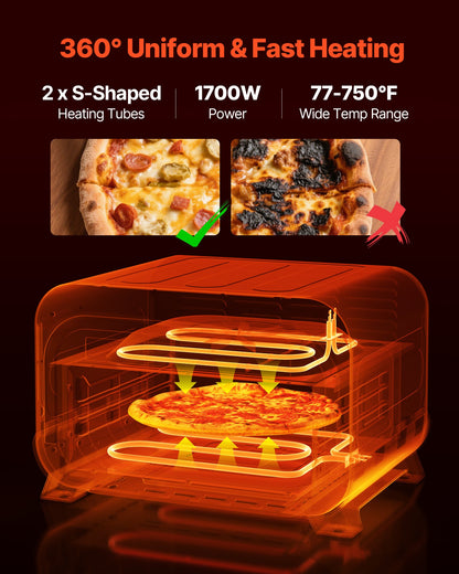 Pizza Oven, 8 Presets Electric Pizza Ovens Air Fry Combo, 12-Inch Indoor Pizza Maker Smart Knob Control , 750°F Max Temp, IPX4 Waterproof Countertop Pizza Cooker w/Pizza Stone,Fry Basket