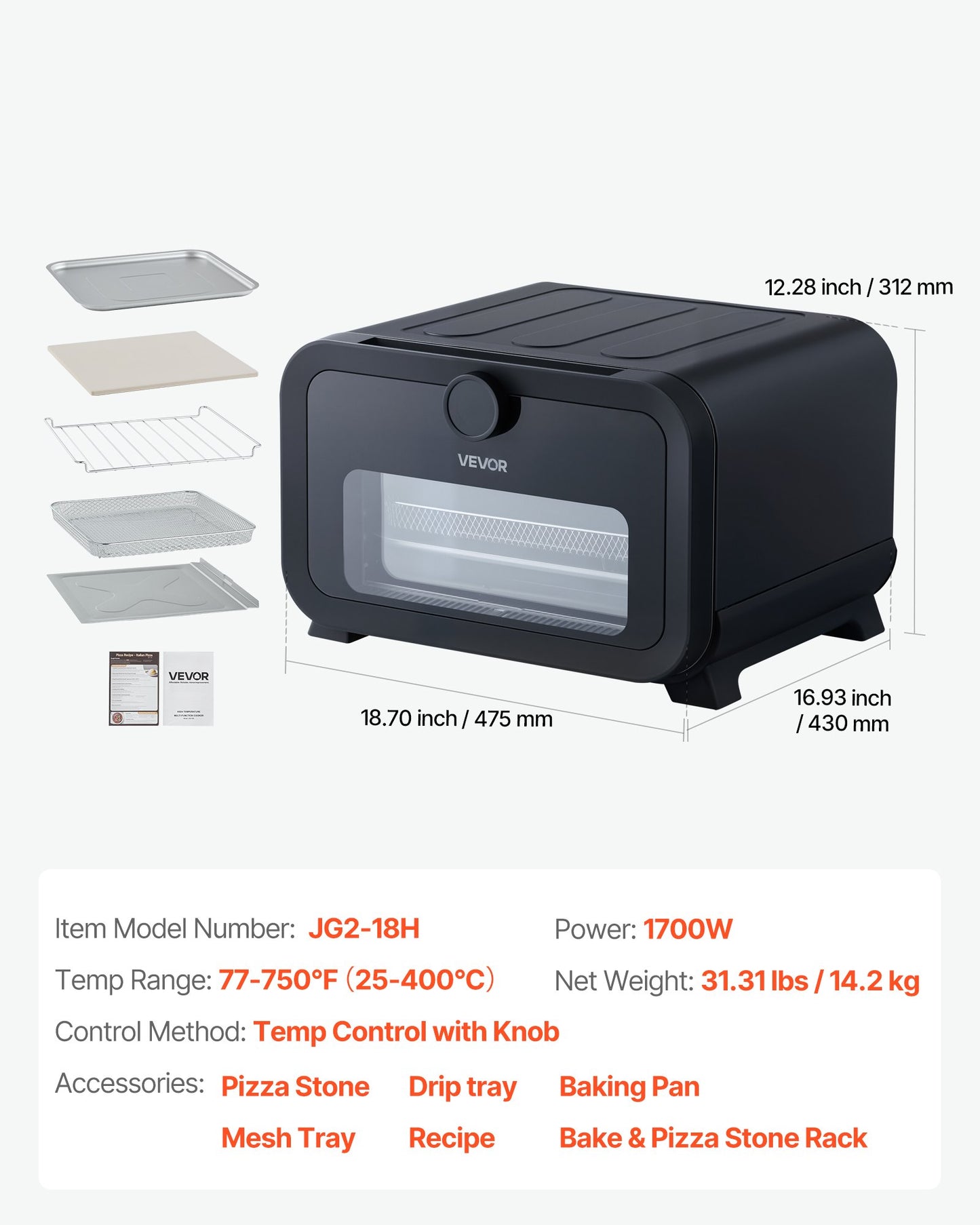 Pizza Oven, 8 Presets Electric Pizza Ovens Air Fry Combo, 12-Inch Indoor Pizza Maker Smart Knob Control , 750°F Max Temp, IPX4 Waterproof Countertop Pizza Cooker w/Pizza Stone,Fry Basket