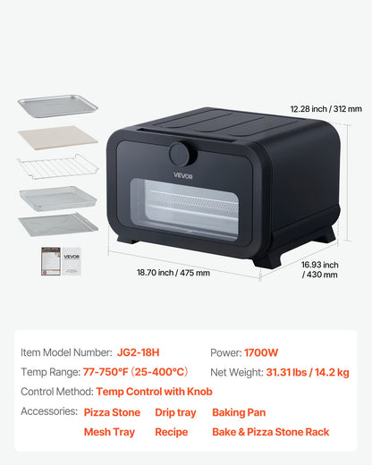 Pizza Oven, 8 Presets Electric Pizza Ovens Air Fry Combo, 12-Inch Indoor Pizza Maker Smart Knob Control , 750°F Max Temp, IPX4 Waterproof Countertop Pizza Cooker w/Pizza Stone,Fry Basket