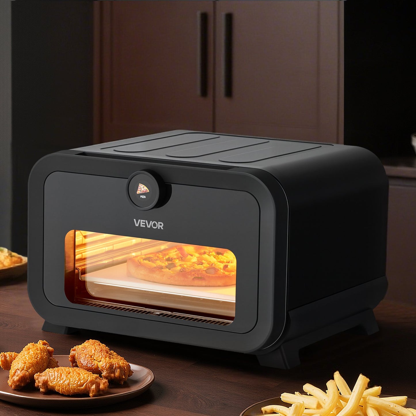 Pizza Oven, 8 Presets Electric Pizza Ovens Air Fry Combo, 12-Inch Indoor Pizza Maker Smart Knob Control , 750°F Max Temp, IPX4 Waterproof Countertop Pizza Cooker w/Pizza Stone,Fry Basket