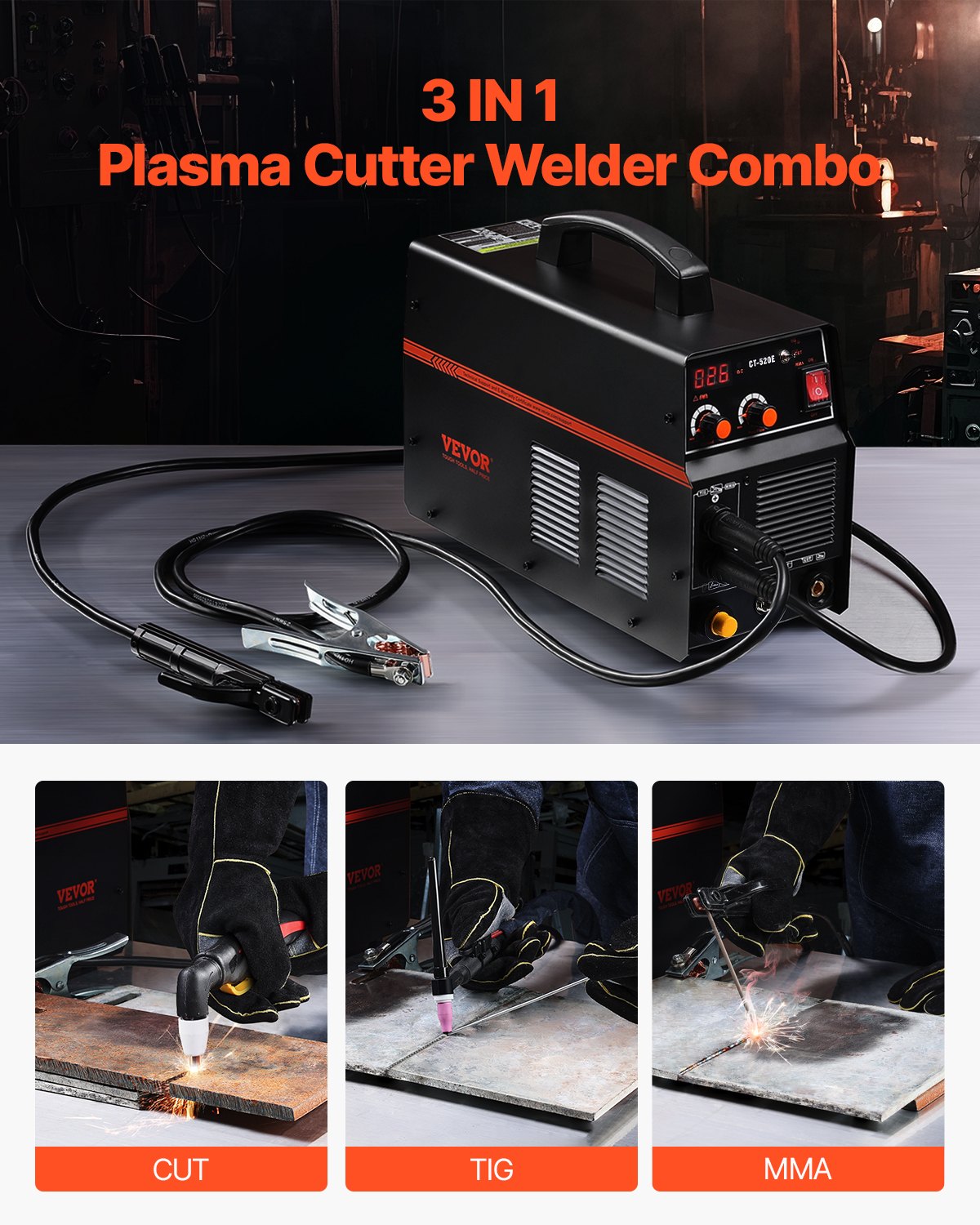 3 in 1 Plasma Cutter Welder Machine, CT-520E TIG/MMA Plasma Cutter Combo Machine, 30A Plasma Cutting Machine, 200A TIG Welder and 200A Stick Welder, Digital 110/220V Dual Voltage IGBT Inverter