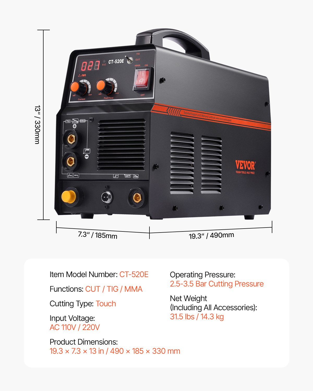 3 in 1 Plasma Cutter Welder Machine, CT-520E TIG/MMA Plasma Cutter Combo Machine, 30A Plasma Cutting Machine, 200A TIG Welder and 200A Stick Welder, Digital 110/220V Dual Voltage IGBT Inverter