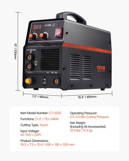 3 in 1 Plasma Cutter Welder Machine, CT-520E TIG/MMA Plasma Cutter Combo Machine, 30A Plasma Cutting Machine, 200A TIG Welder and 200A Stick Welder, Digital 110/220V Dual Voltage IGBT Inverter