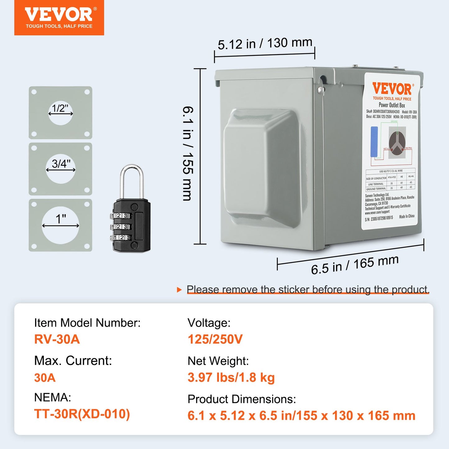 30 Amp RV Power Outlet Box, 125/250 Volt, Enclosed Lockable Outdoor RV Receptacle Box, NEMA TT-30R Weatherproof Electrical Panel, for RV Camper Trailer Motorhome Tested toStandards