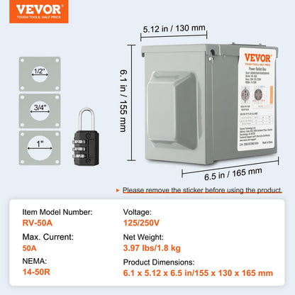50 Amp RV Power Outlet Box, 125/250 Volt, Enclosed Lockable Outdoor RV Receptacle Box, NEMA 14-50R Weatherproof Electrical Panel, for RV Camper Trailer Motorhome