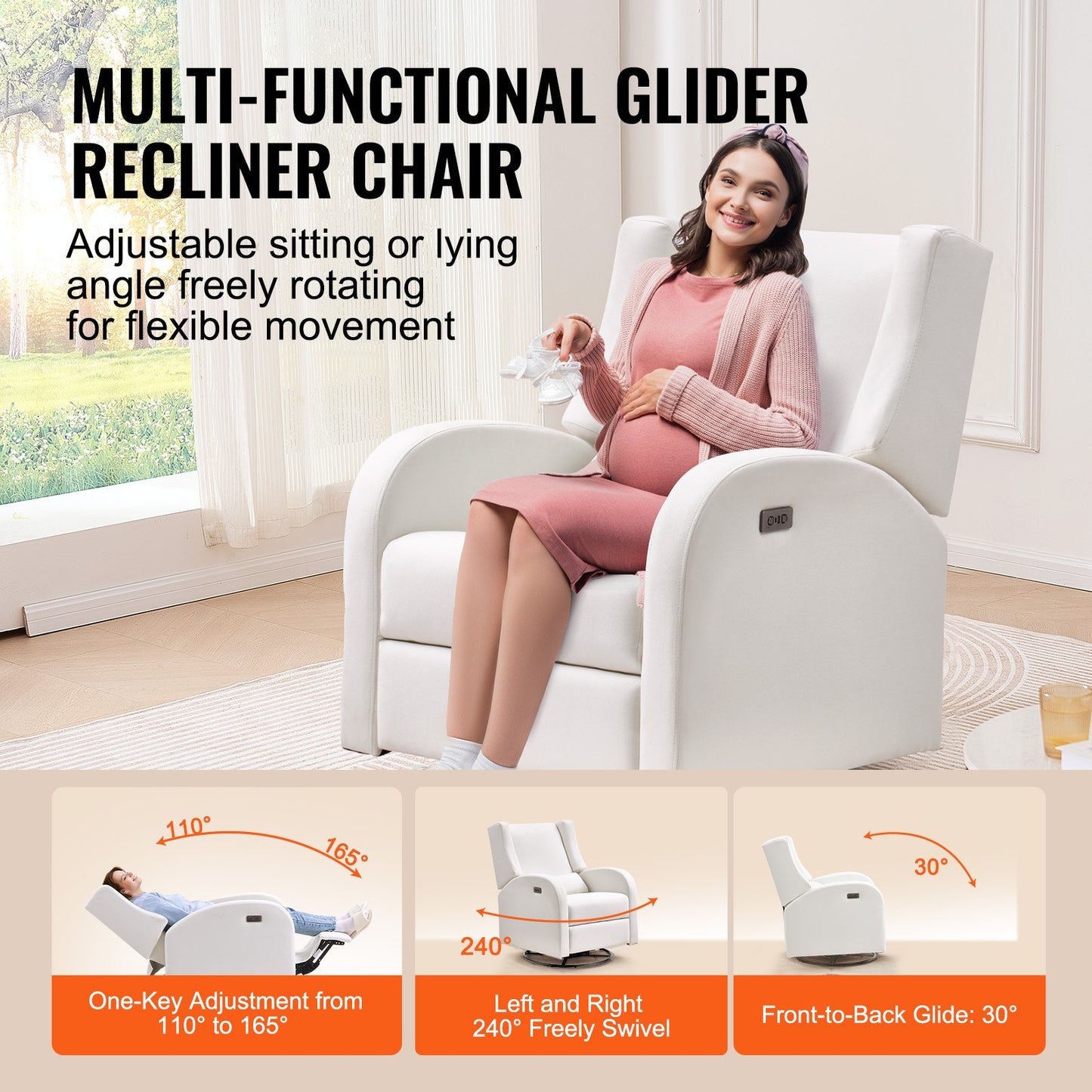 Electronic Power Recliner and Swivel Glider, 250 lbs Weight Capacity Swivel Glider Recliner Chair with USB Port, Polyester Surface Swivel Rocker Recliner for Living Room, Bedroom, Off White