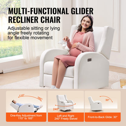 Electronic Power Recliner and Swivel Glider, 113.4kg Weight Capacity Swivel Glider Recliner with Adjustable Angle, Polyester Surface Recliner Rocker for Living Room, Bedroom, Off White