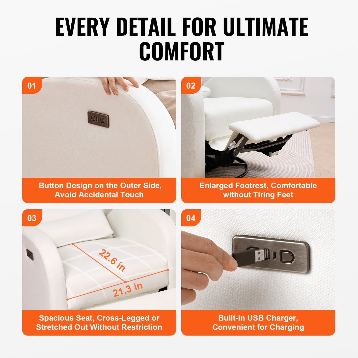 Electronic Power Recliner and Swivel Glider, 113.4kg Weight Capacity Swivel Glider Recliner with Adjustable Angle, Polyester Surface Recliner Rocker for Living Room, Bedroom, Off White