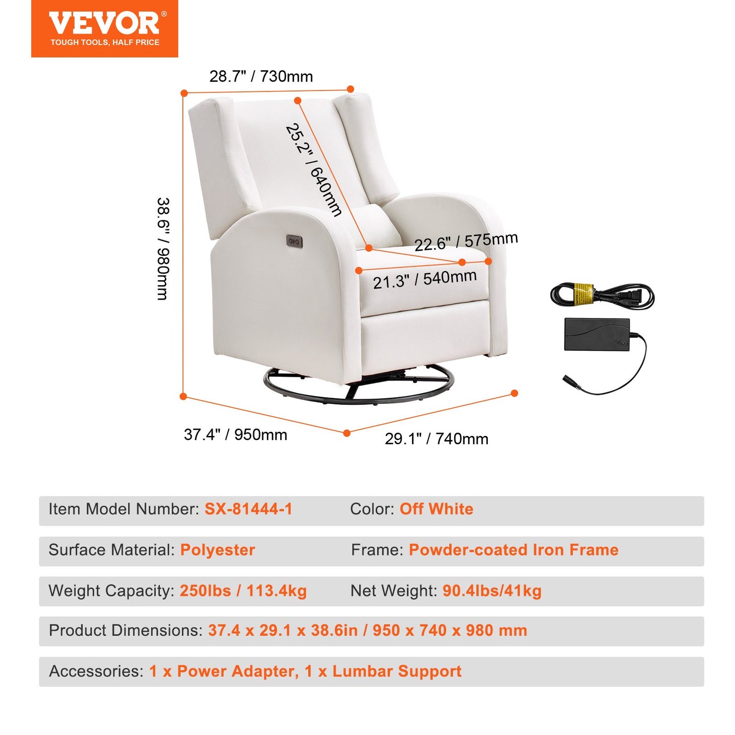 Electronic Power Recliner and Swivel Glider, 113.4kg Weight Capacity Swivel Glider Recliner with Adjustable Angle, Polyester Surface Recliner Rocker for Living Room, Bedroom, Off White
