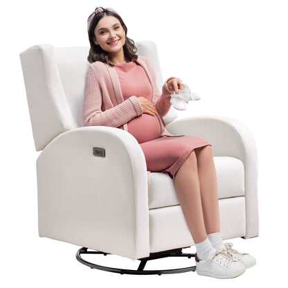 Electronic Power Recliner and Swivel Glider, 113.4kg Weight Capacity Swivel Glider Recliner with Adjustable Angle, Polyester Surface Recliner Rocker for Living Room, Bedroom, Off White