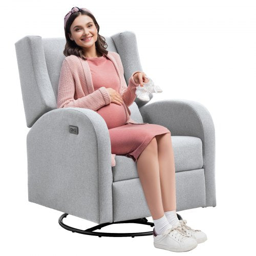 Electronic Power Recliner and Swivel Glider, 250 lbs Weight Capacity Swivel Glider Recliner Chair with USB Port, Polyester Surface Swivel Rocker Recliner for Living Room, Bedroom, Light Gray