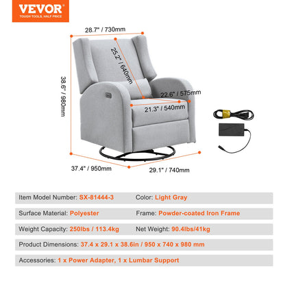 Electronic Power Recliner and Swivel Glider, 250 lbs Weight Capacity Swivel Glider Recliner Chair with USB Port, Polyester Surface Swivel Rocker Recliner for Living Room, Bedroom, Light Gray