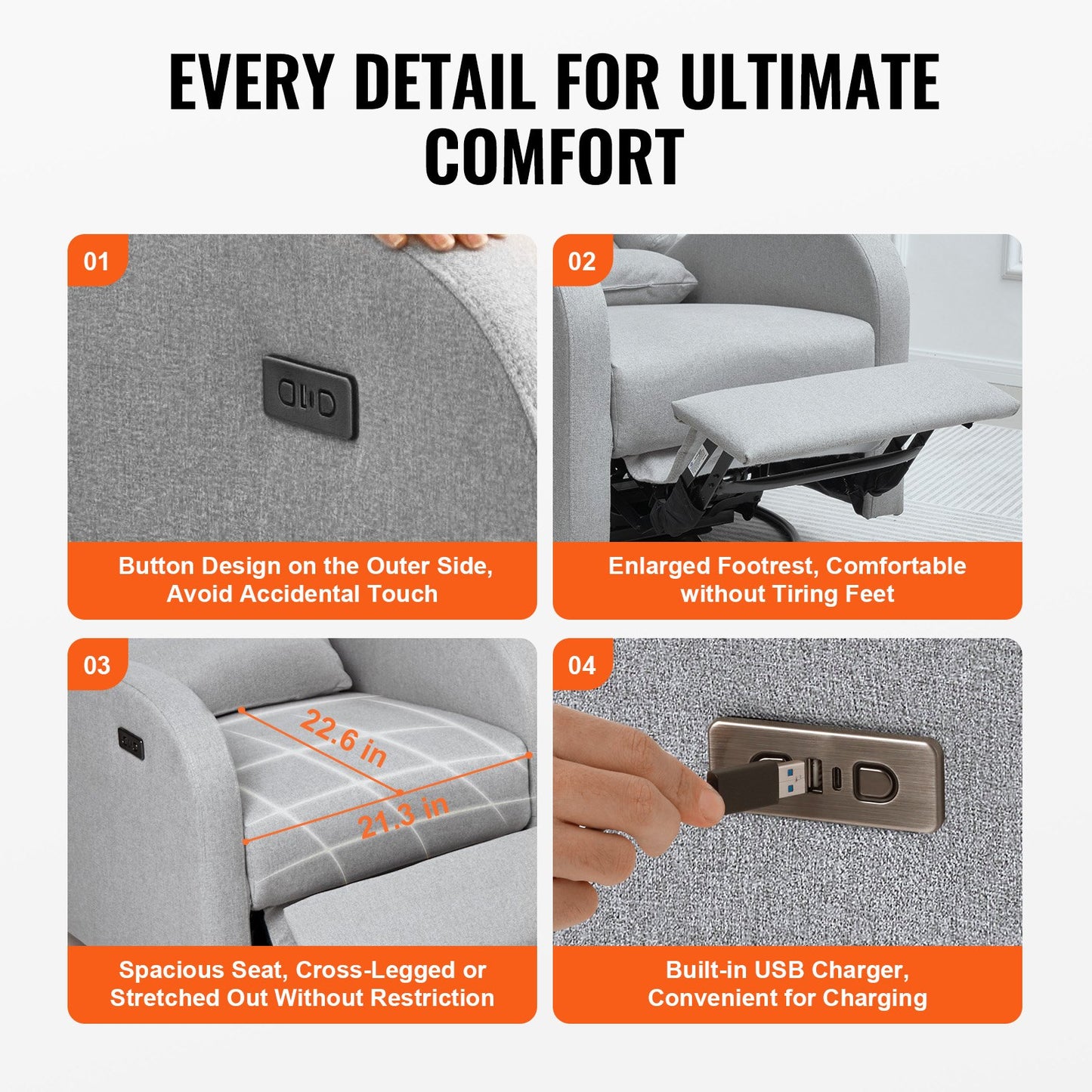 Electronic Power Recliner and Swivel Glider, 113.4kg Weight Capacity Swivel Glider Recliner with Adjustable Angle, Polyester Surface Recliner Rocker for Living Room, Bedroom, Light Gray